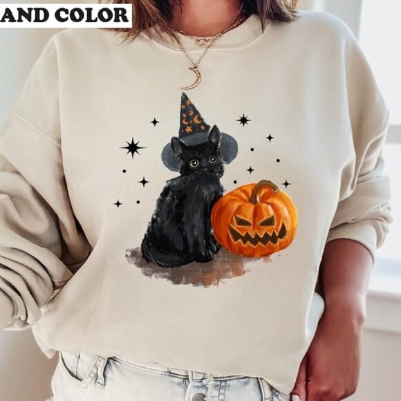 Vintage Black Cat Halloween Retro Style Spooky Season Cat Graphic Sweatshirt - Picture 1 of 5